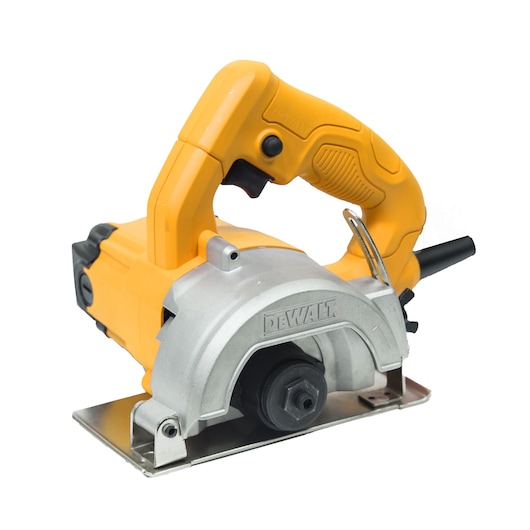 A DEWALT electric tile cutter tool with a yellow handle and metal base, designed for precise cutting in construction and renovation projects.