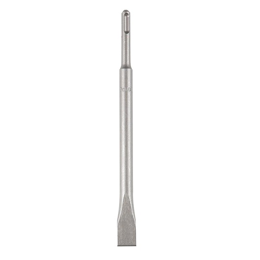 DEWALT flat chisel bit for rotary hammer drills, silver color, shown vertically on white background.