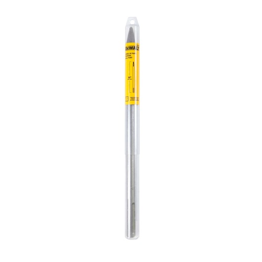 DEWALT pointed chisel bit in clear plastic tube packaging, suitable for demolition and concrete work.