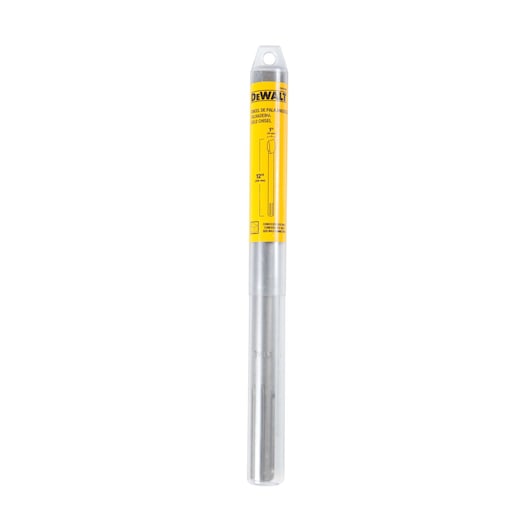 DEWALT chisel in transparent packaging with yellow label. Tool is cylindrical and suitable for construction use.