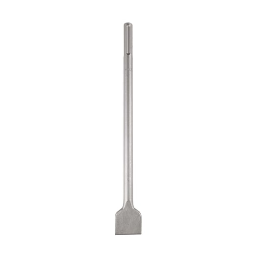 Flat steel chisel bit with SDS shank for rotary hammers, used for masonry or demolition.