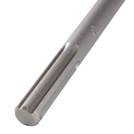 Close-up of a DEWALT metal drill bit shaft with grooves, shown against a white background.