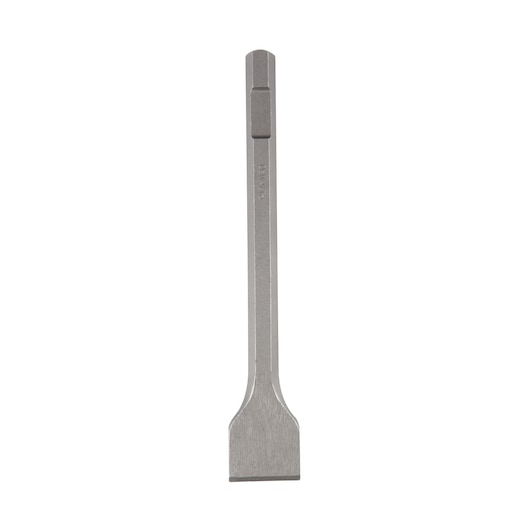 A DEWALT flat chisel with a hexagonal shank, used for demolition or masonry work. The chisel is made of metal and has a wide, flat tip.