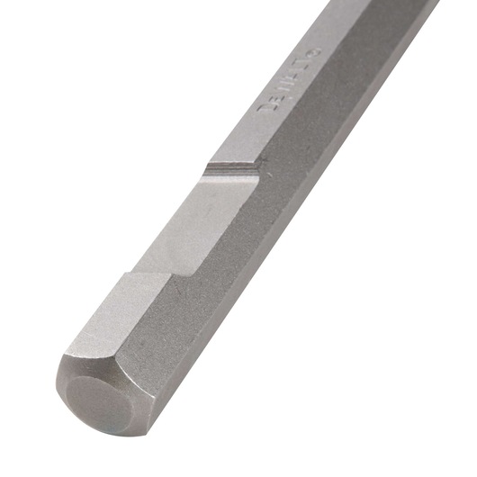 Close-up of a DEWALT hexagonal drill bit, silver metal finish, showing angled edges and flat tip.