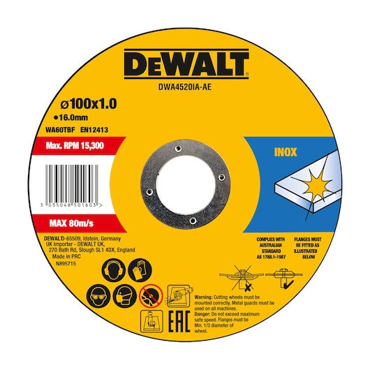 DEWALT DWA4520IA-AE cutting disc, yellow, 100x1.0mm for inox, max RPM 15,300, safety warnings, product details.