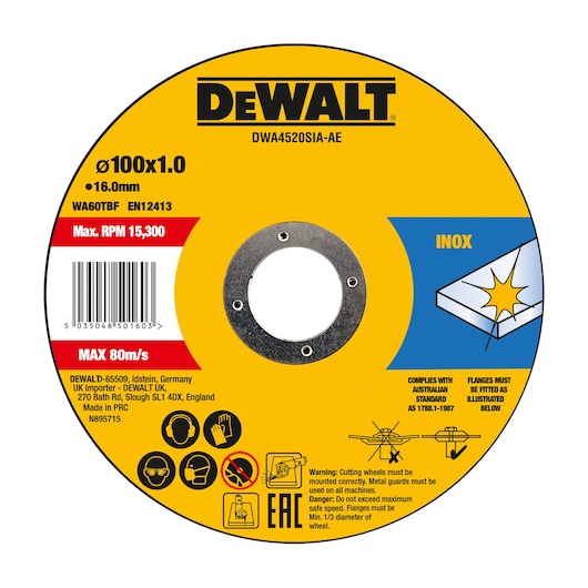 DEWALT DWA4520SIA-AE metal cutting disc with safety and usage information on a yellow and blue label.