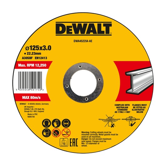 DEWALT grinding wheel, Photography category. SKUs: DWA4522IA-AE, DWA4522IA. Ø125x3mm, max RPM 12,250.