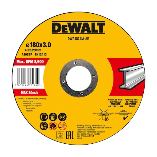 DEWALT DWA4524IA 180x3.0mm metal cutting disc with safety icons and usage warnings on a yellow label.