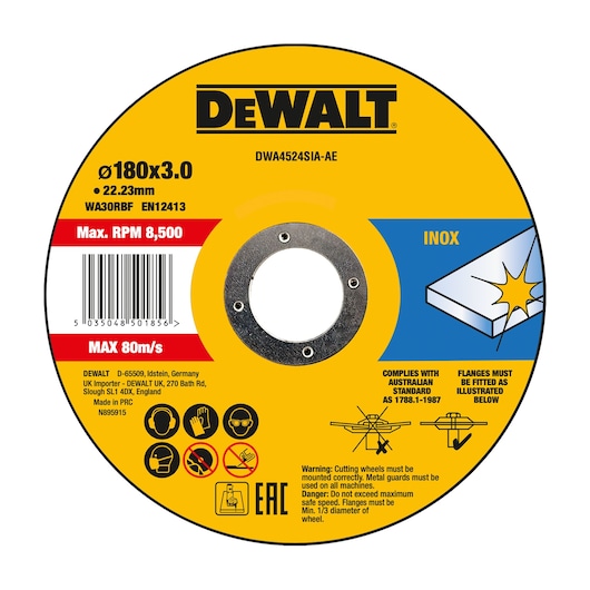 DEWALT cutting wheel for metal, 180mm diameter, max 8,500 RPM, yellow label with safety instructions and barcode.