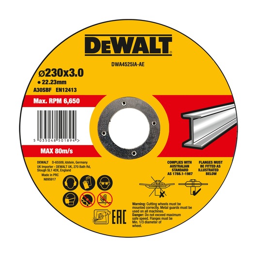 DEWALT metal cutting wheel, DWA4525SIA-AE, 230x3mm size for steel, safety icons, max 6,650 RPM, yellow label.