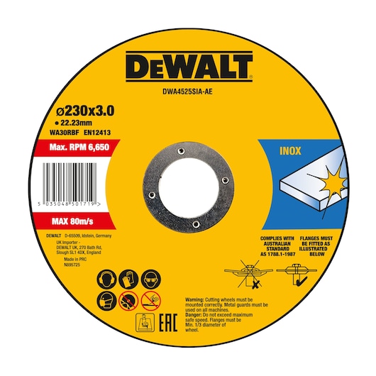 DEWALT DWA4525SIA cut-off wheel for metal, yellow label, max 6650 RPM, 230x3.0mm, safety and usage info shown.