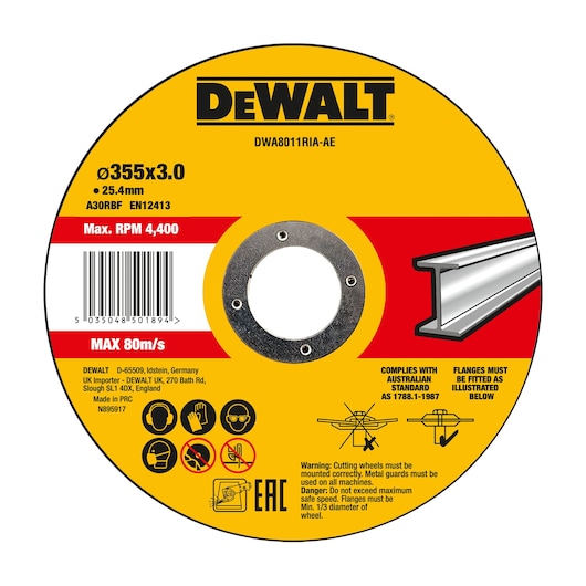 DEWALT cutting wheel DWA8011RIA-AE and DWA8012RIA for metal, 355x3mm, with safety icons and product info.