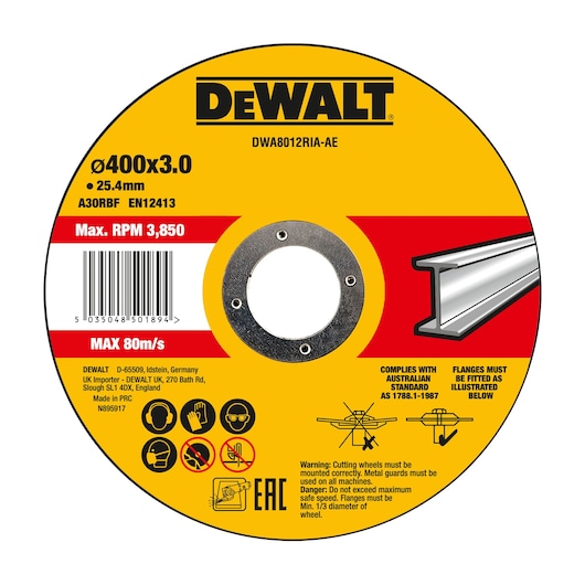 DEWALT DWA8012RIA-AE cutting wheel, 400x3.0mm, max 3,850 RPM, for metal, with safety instructions and barcode.