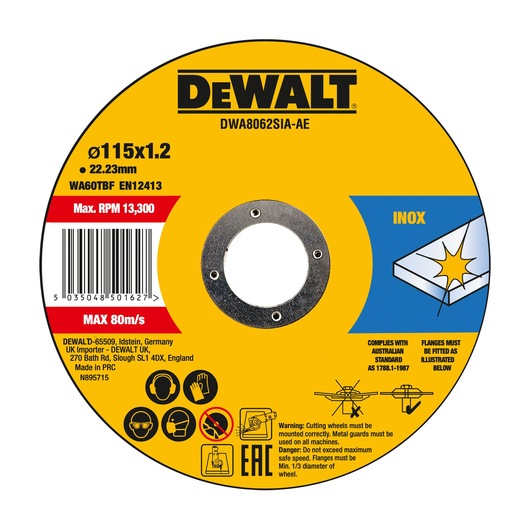 DEWALT cutting disc DWA8062SIA-AE, DWA8062SIA, yellow label, 115x1.2 mm, photography category.