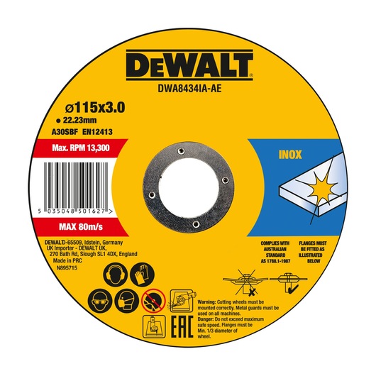 DEWALT cutting disc DWA8434IA-AE, DWA8434IA, Photography category. Yellow label with specs and safety icons.