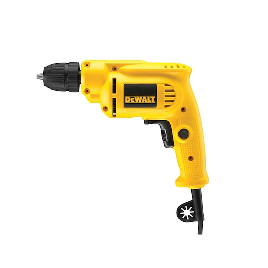 Yellow DEWALT electric drill with black details and cord, shown from the side against a white background.