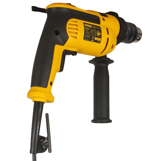 DEWALT corded drill in yellow/black, Photography category, SKUs DWD024-QS, DWD024. Side handle and key shown.