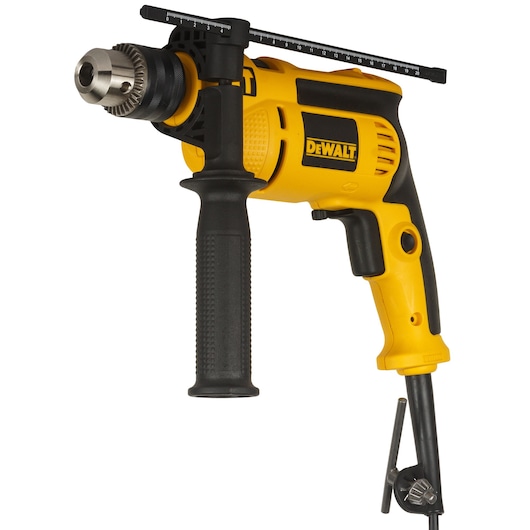 DEWALT drill, photography category. SKUs: DWD024-QS, DWD024. Yellow and black tool with side handle and depth gauge.