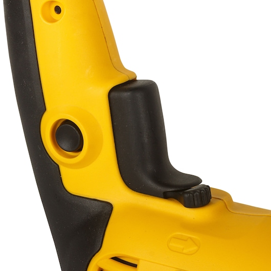 DEWALT drill handle close-up. SKUs: DWD024-QS, DWD024. Photography category. Yellow and black plastic.