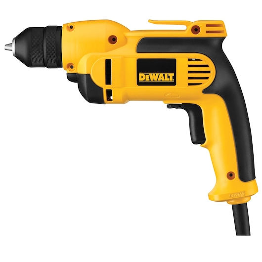 A yellow and black DEWALT corded electric drill with a pistol grip and side vents, shown in profile on a white background.