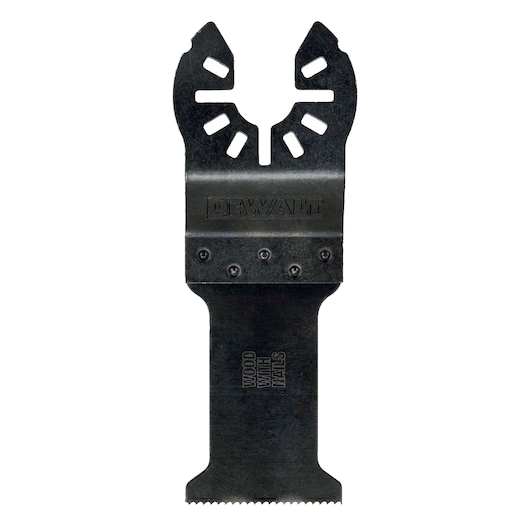 DEWALT oscillating tool blade for wood and nails, black metal accessory with teeth at the end.
