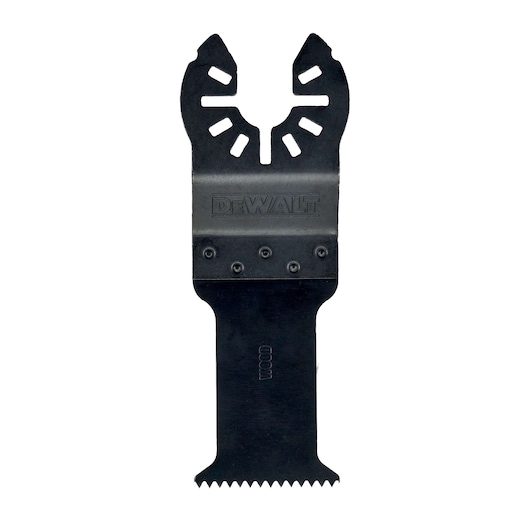 DEWALT multi-tool saw blade for wood, black metal, with DEWALT logo at center and jagged edge at bottom.