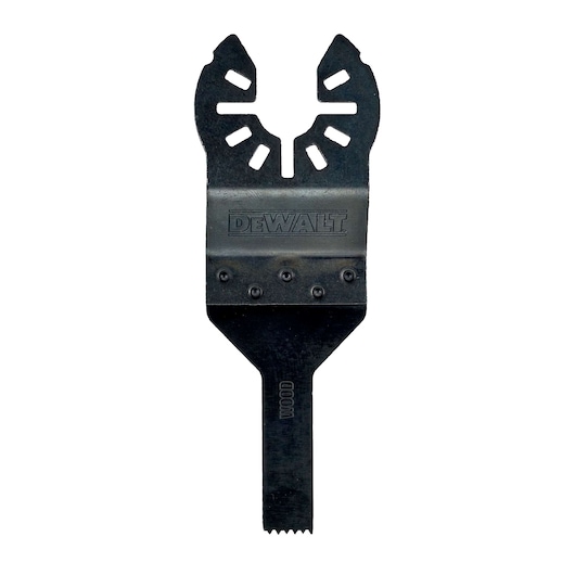 DEWALT oscillating tool wood cutting blade with mounting holes, black finish, photographed on white background.