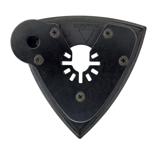 Black triangular sanding pad attachment with screw holes for DEWALT multi-tool.