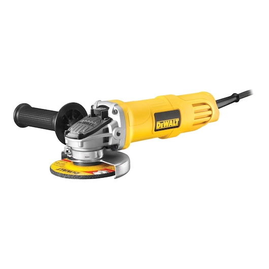 Yellow DEWALT angle grinder with side handle and power cord on a white background.