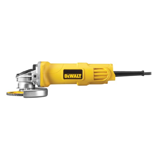 DEWALT DWE4001 angle grinder, yellow, with power cord. Tool shown from side view on white background.