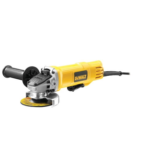 A yellow DEWALT corded angle grinder with a black side handle and grinding disc, model DWE4002, shown on a white background.