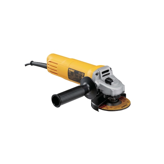 A yellow and black DEWALT angle grinder with a side handle and a power cord attached, shown against a white background.