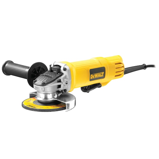 A yellow DEWALT angle grinder with a black side handle, visible power cord, and a grinding disc attached.