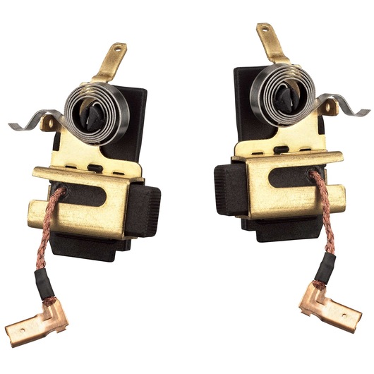 A pair of DEWALT power tool replacement carbon motor brushes with metal springs and wire terminal connectors, shown on a white background.