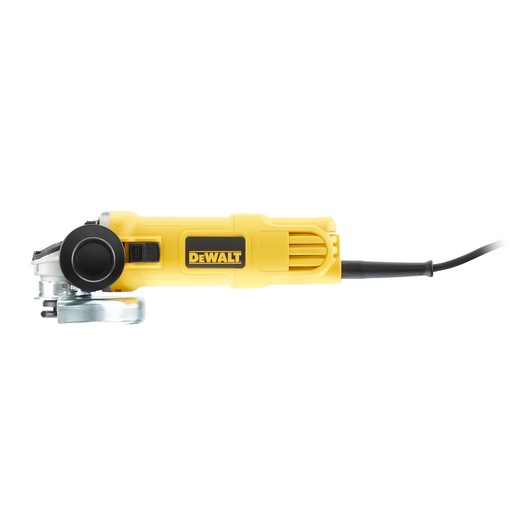 A yellow DEWALT electric angle grinder with a side handle, viewed from the side. The power tool features a black power cord and the DEWALT logo on its body.