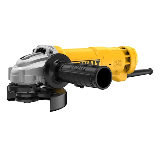 Yellow and black DEWALT angle grinder with side handle, power cord, and metal guard, shown on white background.