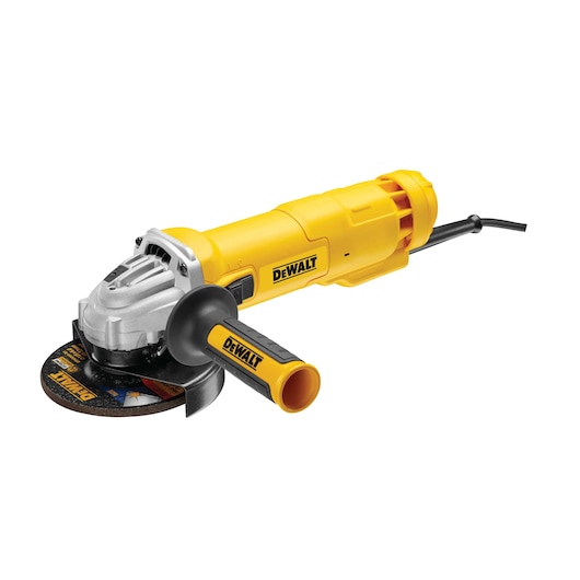 A yellow DEWALT electric angle grinder with a black side handle and a visible cutting disc, shown on a white background.