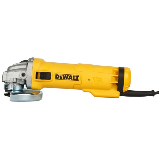 Yellow DEWALT DWE4215 angle grinder with black cord, shown on white background.