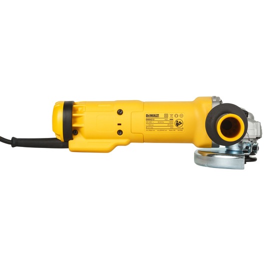 Yellow DEWALT DWE4215 angle grinder with side handle and metal guard, shown against a white background.