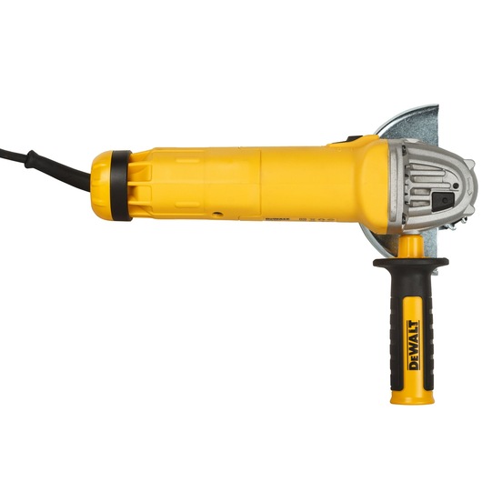 Yellow DEWALT angle grinder with a side handle, power cord, and metal guard, shown from a side view.