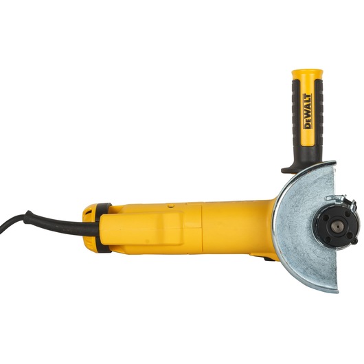 Yellow DEWALT angle grinder with side handle and metal guard, power cord attached, shown on white background.