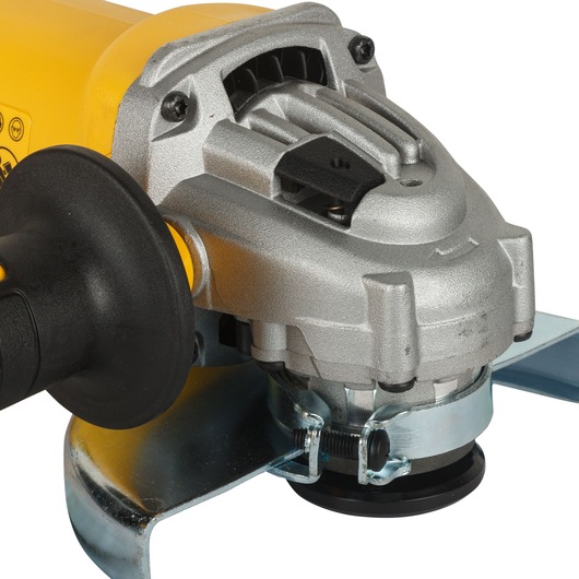 Close-up of a DEWALT DWE4215 angle grinder showing handle and safety guard.
