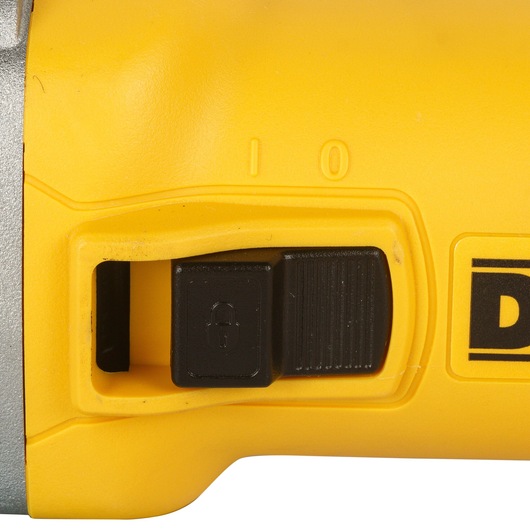 Close-up of DEWALT DWE4215 yellow tool power switch and lock button detail.