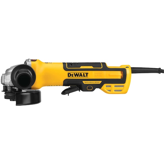 A yellow and black DEWALT electric angle grinder with a side handle and visible power cord.