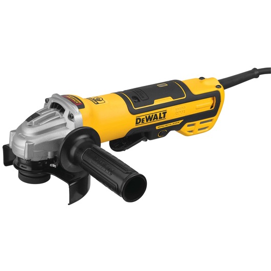 A yellow and black DEWALT angle grinder with a side handle, power cord, and visible branding. The tool is positioned on a white background.