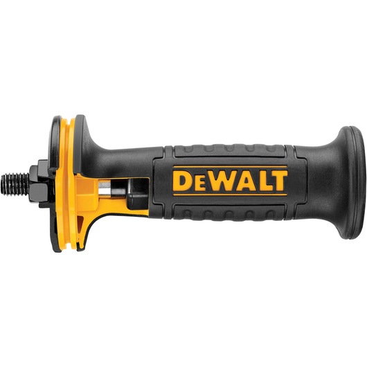 DEWALT black and yellow side handle accessory for power tools, with textured grip and mounting screw.