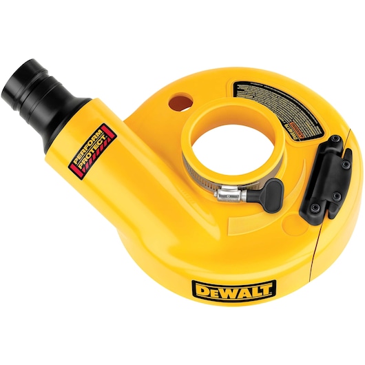 A DEWALT yellow dust shroud attachment for angle grinders, model DWE46170. The shroud features a Perform & Protect label, a round opening for fitting onto the grinder, a clamp for secure attachment, and is designed for efficient dust collection during concrete or masonry grinding.
