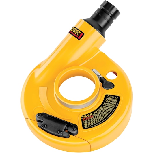 A close-up image of a DEWALT DWE46170 yellow dust shroud attachment featuring a circular design with a central opening, black nozzle, labels, and adjustment lever, used for dust collection with power tools.