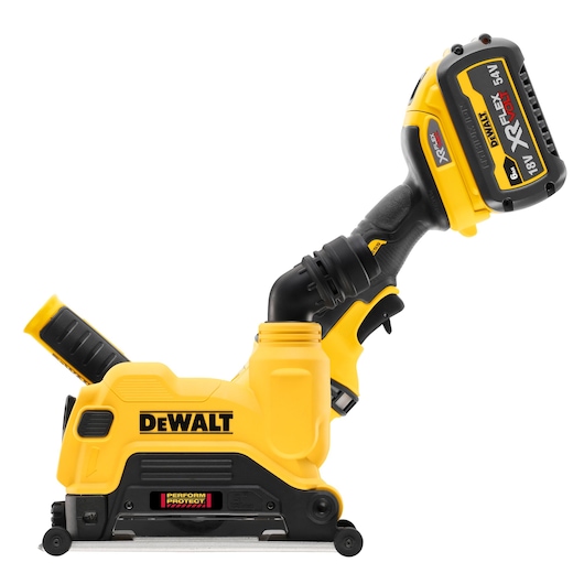 A yellow and black DEWALT cordless power tool, specifically a wall chaser, with a handle and battery attached, shown against a white background.