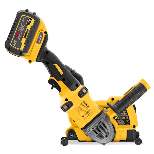 DEWALT cordless power tool, featuring a yellow and black design, with an 18V/54V XR FLEXVOLT lithium-ion battery attached, angled handle, and sturdy build. The tool is suitable for construction or professional use.